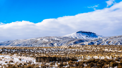 Winter Landscape in the semi desert of the Thompson River Valley between Kamloops and Cache Creek in central British Columbia, Canada
