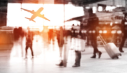 Double exposure silhouettes of passenger walking at airport with people. Business airline concept.