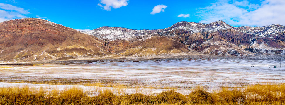 Panorama of the Winter Landscape in the semi desert of the Thompson River Valley between Kamloops and Cache Creek in central British Columbia, Canada
