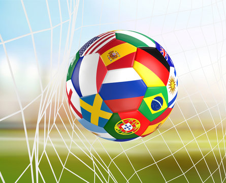 flags soccer ball in soccer net. socer goal 3d rendering