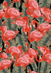 Tropical jungle rainforest plants flowers, flamingo, background © Big Pearl