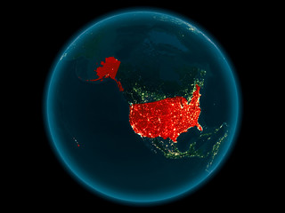 USA on planet Earth in space at night
