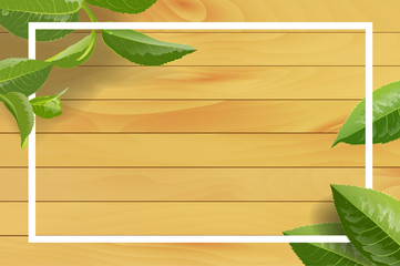Green tea leaves on wooden vector nature background.