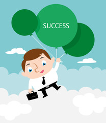 succes businessman with briefcase hanging of balloons