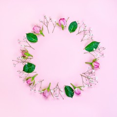 Top view of pink roses and green leaves wreath over pink background. Abstract floral background.