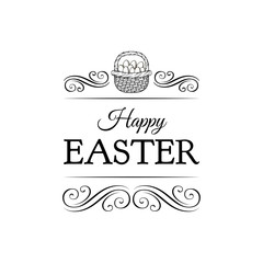 Easter Wicker Basket. Easter eggs. Greeting card. Swirls, decorative filigree elements. Vector