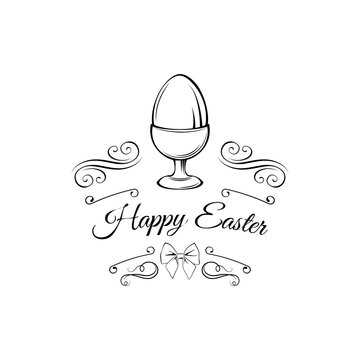 Easter card. Egg holder. Egg-cup, Decoration, bow, Swirls, ornate border. Vector