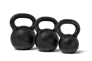 Naklejka na ściany i meble 3d rendering of three black iron kettlebells with markings 32, 24 and 16 kg standing close to each other.