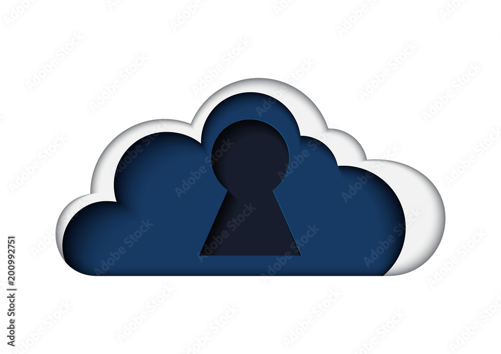 Poster Cloud computing icon concept paper art style design.Clouds with keyhole in paper layer cut background.Vector illustration.