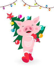 Funny pig carries a Christmas tree