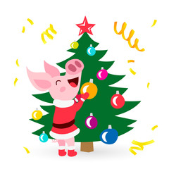 Naklejka premium Cute pig dresses a Christmas tree