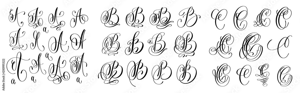 Wall mural calligraphy letters set a, b and c, script font isolated on whit