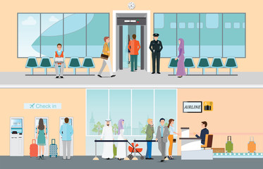 Airport horizontal banners set with registration and boarding symbols.