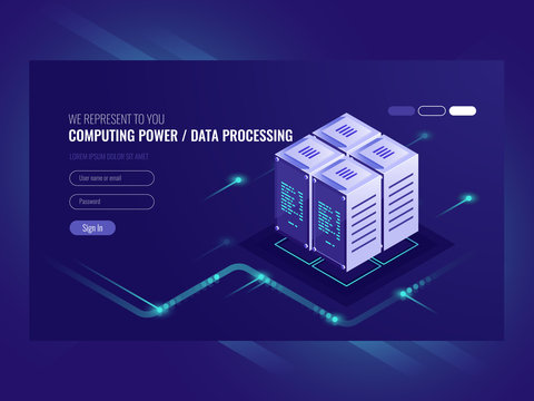Blockchain server concept, quantum computer, server room, database, information storage and processing isometric vector ultraviolet