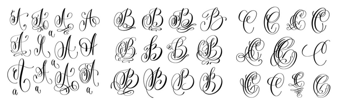 calligraphy letters set A, B and C, script font Isolated on whit