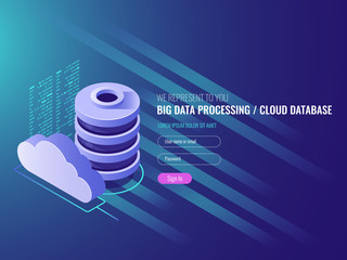 Cloud data storage services, database cloud program code icons, Data storage, server room IT isometric 3d vector