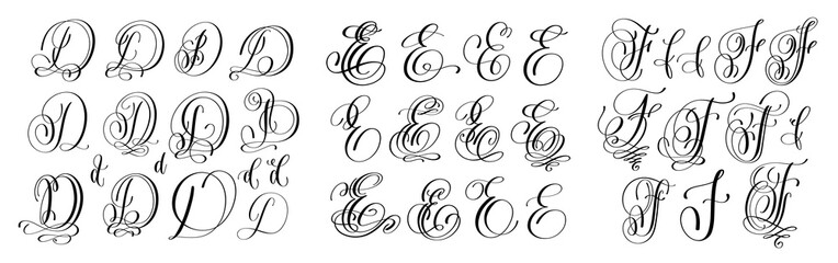 calligraphy letters set D, E and F, script font