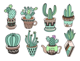Foto op Plexiglas Cactus in pot doodle cactussen collectie, hand tekenen set van verschillende vetplanten