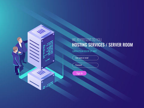 Hosting services concept, cryptocurrency and blockchain isometric composition, data center, big data processing mining crypto farm, energy station of future IT 3d vector