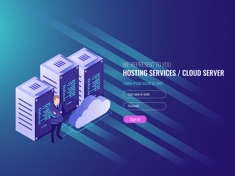 Website hosting isometric, cryptocurrency and blockchain concept. Server farm for mining bitcoins IT 3d vector
