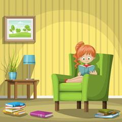 Girl reading books in living room