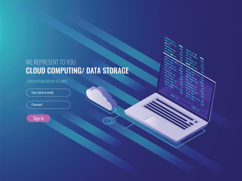 Cloud computing concept, open laptop with cloud icon and program code on scree, data storage, IT isometric 3d vector