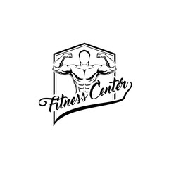 Bodybuilder Strongman Sportsman. Finteen center emblem logo label. Vector.