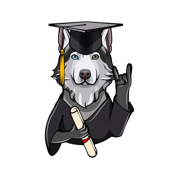 Siberian Husky Graduate. Rock gesture, Horns. Graduation cap hat diploma. Dog. Vector.