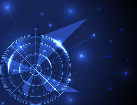 Shiny blue radar, target, shooting range on black background. Creative design vector templates for global network connection technology.