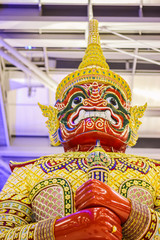 Close-up view of Giant Sculpture holdings its blackjack weapon. It demonstrates at Passenger Terminal at Suvarnabhumi International Airport Bangkok, Thailand.