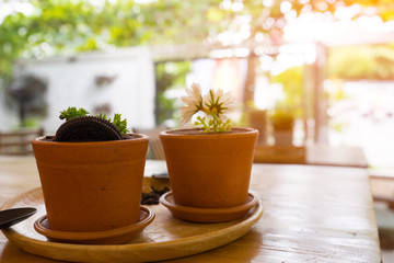Garden style a cup cakes in a flower pot with two shovel spoons decorate with black cookies powder  and rocky chocolate