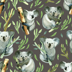 Seamless pattern of watercolor koala is holding the bamboo branch - 200997956
