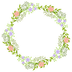 Obraz na płótnie Canvas Wreath of wild flowers with leaves. A floral round frame with a place for your text.