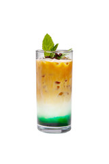 A multicolored, three-layered opaque cocktail in a tall glass with crushed ice and mint leaves and coffee beans, with the taste of menthol, coffee, caramel, cream. Side view. Isolated white background