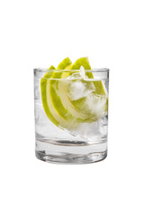 Transparent cocktail, refreshing water in a low glass with ice cubes and three semicircles slices of a green apple. Side view. Isolated white background. Drink for the menu restaurant, bar, cafe