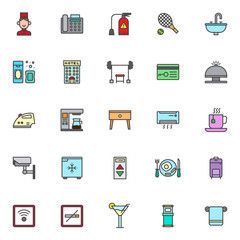 Hotel filled outline icons set, line vector symbol collection, linear colorful pictogram pack. Signs, logo illustration, Set includes icons as bell boy, fax machine, fire extinguisher, tennis racket