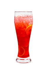 Single-color transparent cocktail, orange, red refreshing in a tall glass with crushed ice frappe and round slices of orange, lemon. Side view. Isolated white background
