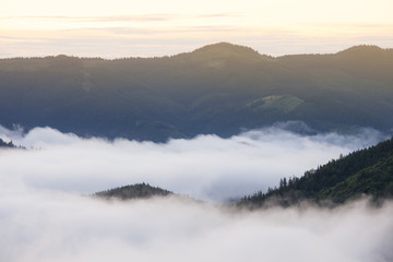 Sunrise at foggy Smoky Mountain National Park panoramic landscape