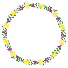 Obraz premium Wreath of wild flowers with leaves. A floral round frame with a place for your text.