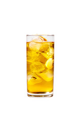 Single-color transparent cocktail, yellow refreshing carbonated in a high glass with ice cubes with apple, lemon, pear taste. Side view. Isolated white background. Drink for the menu