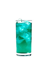 Single-colored transparent cocktail, blue, blue refreshing carbonated in a high glass with ice cubes. Side view. Isolated white background. Drink for the menu restaurant, bar, cafe