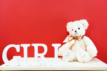 girl word letters with space copy on wooden background