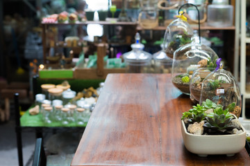 Mini garden in glass plant terrarium with rose flowers made of fabric. Colorful of decoration artificial flower, selective focus