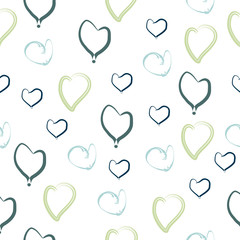 Hand drawn blue and green heart on white background, seamless pattern