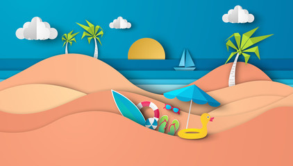 Sea view in summer with water play equipment placed on the beach. view of the blue sea. summer time. sea with beach. paper cut and craft style. vector, illustration.