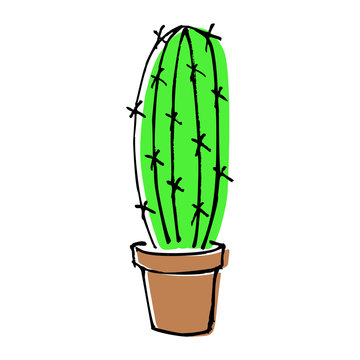 sketch doodle home green cactus in brown pot, flat cartoon colors, stock vector illustration