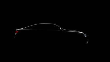Obraz premium sylwetka czarnego samochodu sportowego na czarnym tle, fotorealistyczne renderowanie 3d, ogólny projekt, niemarkowe