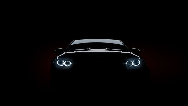 silhouette of black sports car with headlights on black background, photorealistic 3d render, generic design, non-branded