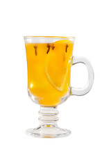 One-color opaque cocktail, yellow mulled wine in a high glass with a handle with spices and a slice of lemon, orange. Side view. Isolated white background. Drink for the menu restaurant, bar, cafe