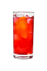 A single-colored transparent cocktail, refreshing in a tall glass with ice cubes, orange slice, lemon and taste of berries, cherries, strawberries, greiprut. Side view Isolated white background